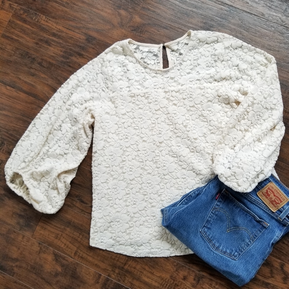 Maurices Ivory Textured Floral Lace Ballon Sleeve Blouse Top
